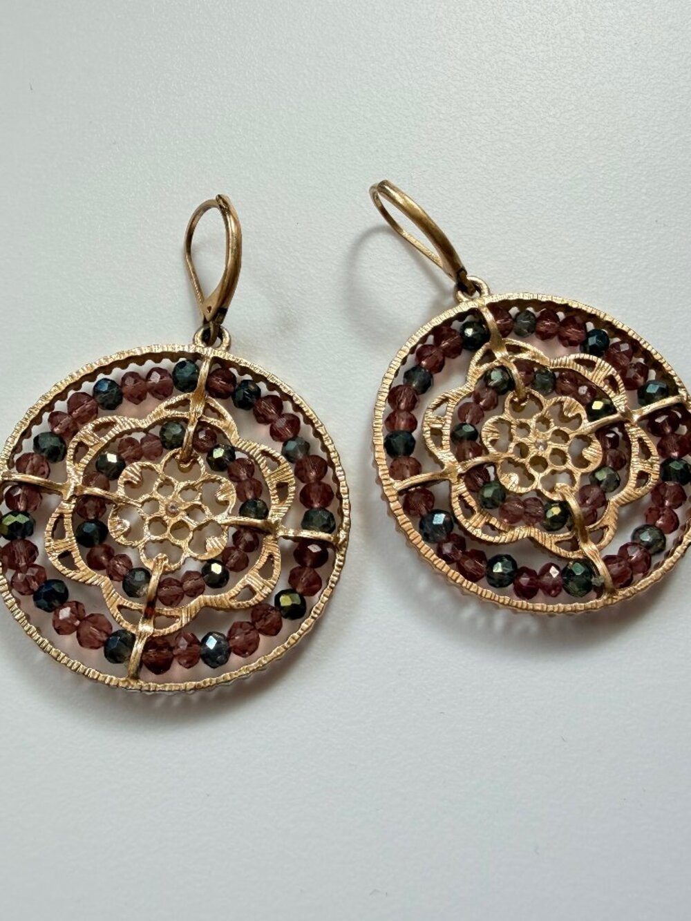 Gold-Tone Filigree Beaded Medallion Drop Earrings black brown